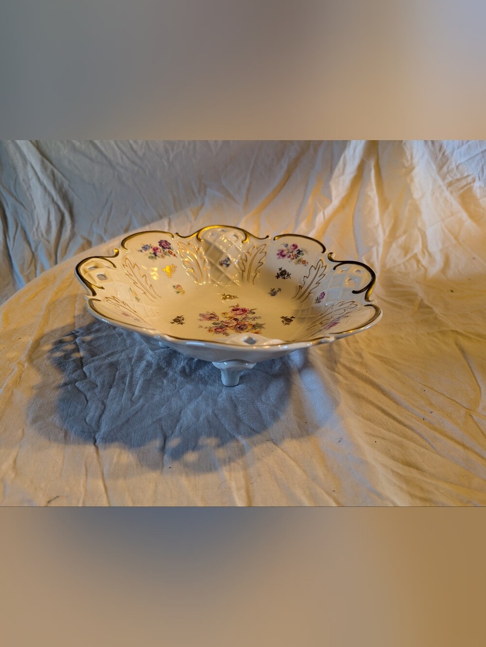 2/60$ Vintage Floral Porcelain Footed Bowl with Gold Trim
